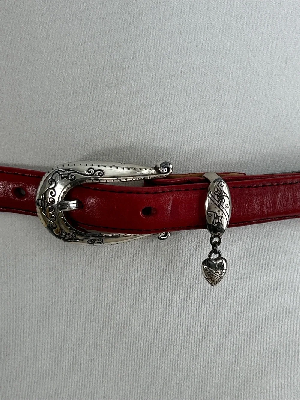 Brighton Red Leather Belt with Decorative Silver Buckle and heart charm. Size 32